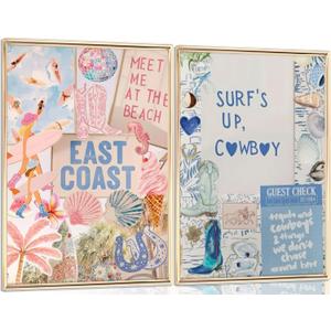 2PCS Pink And Blue Coastal Cowgirl Wall Art Surfboart Wall Decor Unframed | Coastal Girl Posters Beach Pictuers Cowboy Boots Prints for College Girls Dorm Bathroom Gallery Bedroom