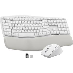 White Wireless Keyboard and Mouse Combo for MacBook & Windows, 30dB Quiet Ergonomic Keyboard Set with Wave Keys & Soft Palm Rest, Silent Typing, Dual-System Switch, Ideal for Home Office—Sablute