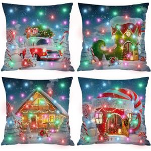 4 Pieces Christmas Light Pillow Covers Holiday Pillow Cover Throw 18 X 18 Inch Christmas Pillow Cover Xmas Pillow Case with Led Lights Rustic Sofa Back Throw Cushion Cover for Winter Holiday