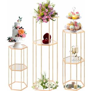 3PCS 2 Tier Hexagon Gold Cake Stand for Party, Tall Metal Pedestal Stands for Display Decoration, Flower, Plant, Birthday, Wedding, Baby Shower, Bridal Shower, Cylinder Column for Desserts
