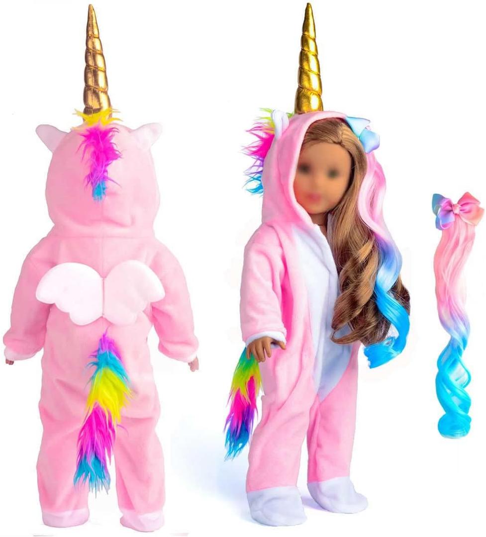 2 x 18 Inch Doll Clothes Unicorn Onesie Pajamas Rainbow Color Hair Bow Clips Costume Fits 18 Inch Doll (Doll Not Included) (Pink)