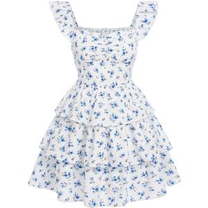 RoseSeek Girl's Floral Summer Dress Ruffle Shirred High Waist Ruched Sweetheart A Line Spring Dress, White, 11Y