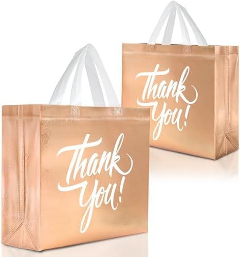 Nush Nush Large Rose Gold Thank You Gift Bags – Set of 12 Beautiful Rose Gold Thank You Bags With White Print - Perfect Goodie Bag for Thanksgiving, Christmas, Birthday, Party Favor – 13Wx5Dx11H Size