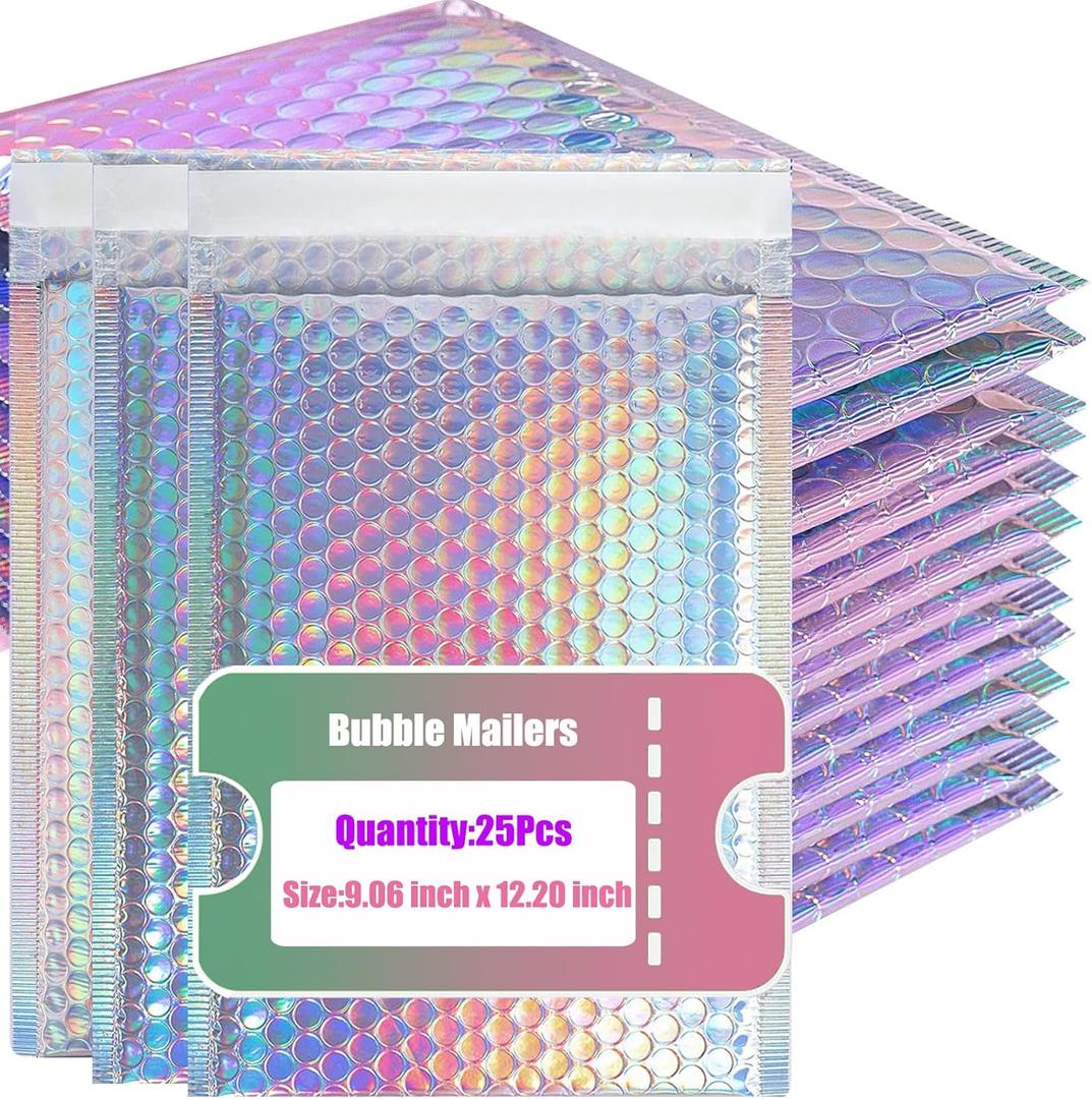 25 PCS Holographic Bubble Mailers,8.5x12 Inch Poly Padded Envelopes,Metallic Bubble Mailers,Waterproof Shipping Bags,Self Sealing Cushion Envelopes for Mailing Packaging Small Business