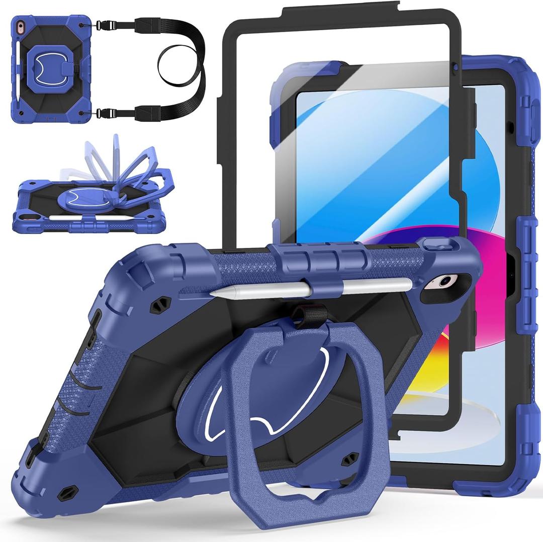 Case for iPad A16 11th/10th Generation 11 inch/10.9 inch 2025/2022, Ubearkk for iPad a16 case with Screen Protector, 360 Degree Rotating Stand Shoulder Strap Pencil Holder, Navy Black