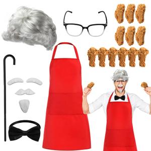 Halloween Old Man Costume Accessory White Wig Beard Mustache Set with Red Bib Aprons Glasses Walking Cane Bow Tie Fried Chicken for Halloween Cosplay Contest Party