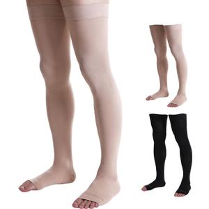 Doc Miller Thigh High Open Toe Compression Stockings 15-20mmHg for Varicose Veins, Pregnancy Support Open Toe Thigh High Compression Socks for Women and Men (X-Large, Beige)