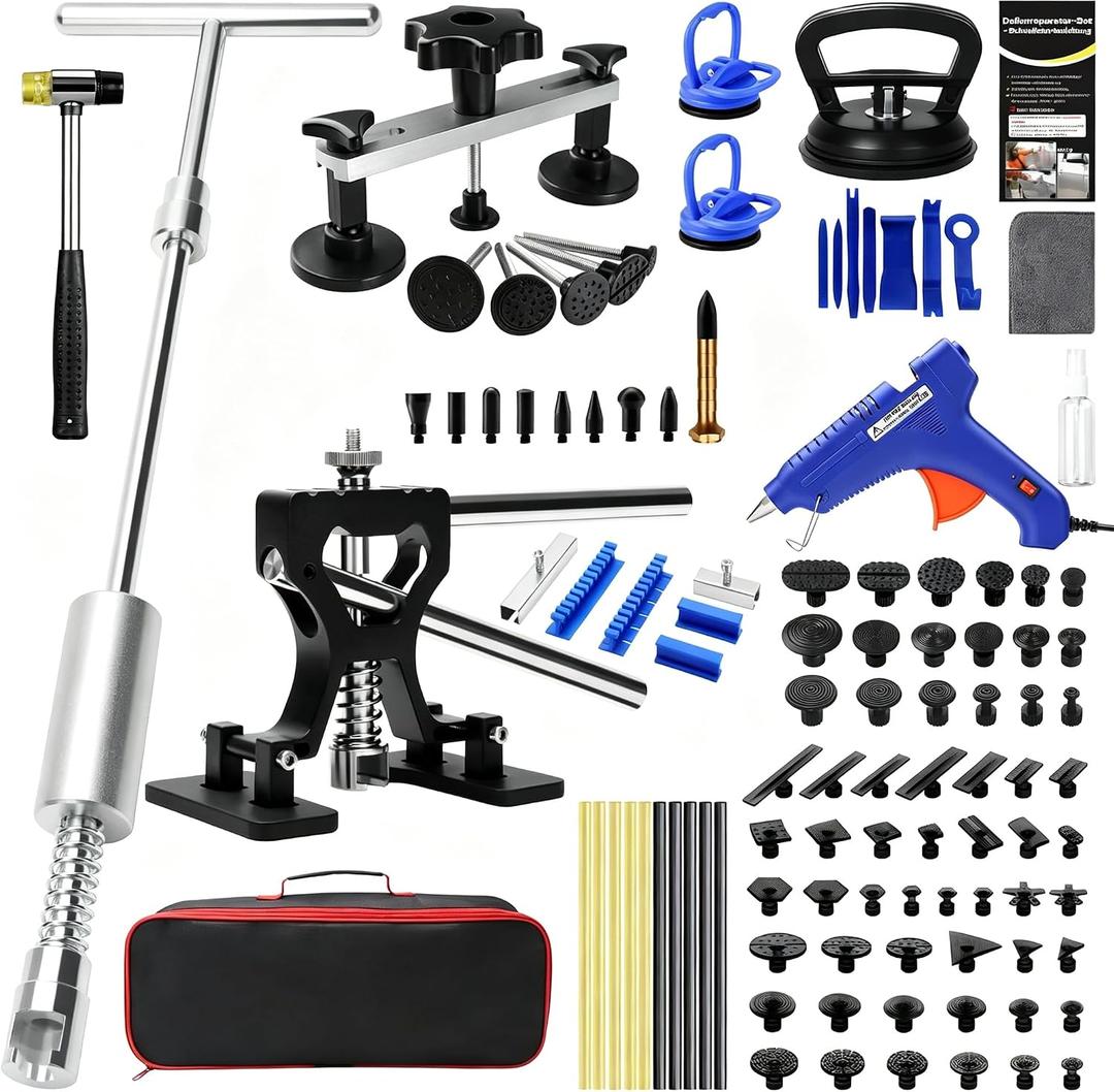 Dent Puller Kit for Car, Paintless Dent Removal Kit with Lightweight Dent Lifter, 2-in-1 T-bar Puller, Rubber Hammer Kit & Versatile Suction Cups for Auto Body Dent Repair Hail Damge or Door Dings