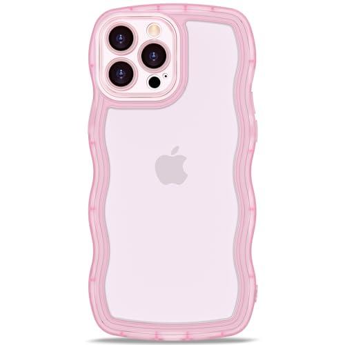 Anuck for iPhone 13 Pro Case Wavy Edge Clear Back Design, Anti-Slip Grip Cute Wave Curly Frame Shape Shockproof Soft TPU & Hard Bumper Protective Phone Case Cover for Women Girls, Clear Pink Pack of 2