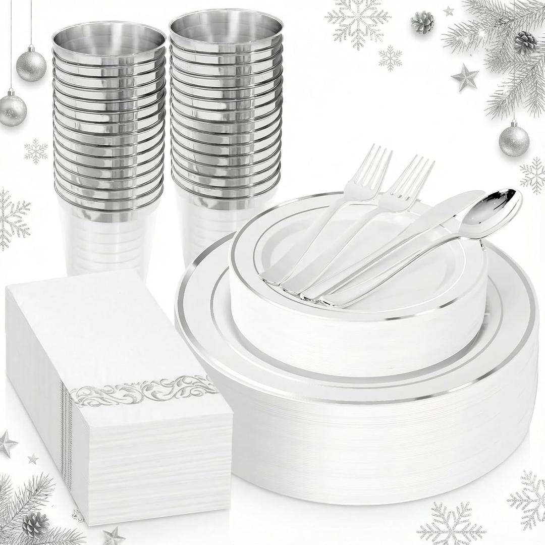 Supernal 200pcs Silver Plastic Dinnerware Sets for 25 Guests included Silver Silverware Set & Plastic Plates heavy duty Disposable Cups and Paper Napkins Disposable for Party Birthday and Wedding