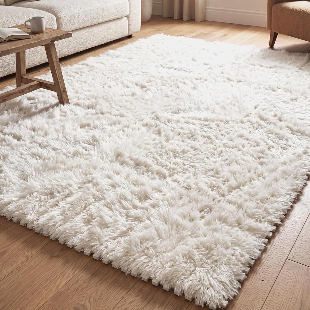 24 Pcs Beige Faux Fur Floor Tiles, 11.8 x 11.8 in Puzzle Girls Play Soft Tiles, 1.5 Inch Shaggy Square, EVA Foam Floor Mat for Nursery, Playroom, Bedroom, Toddler Room, Daycare