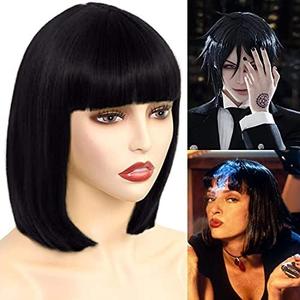 Akkya Black Bob Wigs with Bangs for Black Women Short Straight Synthetic Hair Wig for Party Costume Cosplay (12inch,Black)