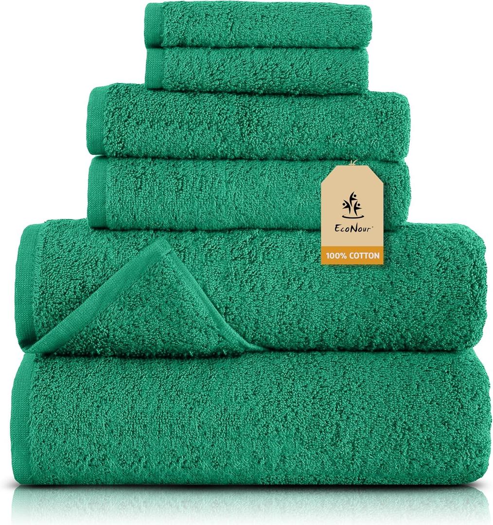 EcoNour Luxury 6-Piece Cotton Towel Set | 100% Green Turkish Cotton Towels for Bathroom, Spa, Gym & Hotel | Includes 2 Bath Towels, 2 Hand Towels, 2 Wash Cloths | Soft, Quick Dry & Highly Absorbent