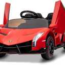 Hetoy Kids Ride On Car, Licensed Lamborghini Veneno 12V Battery Powered Electric Car w/Parent Remote Control, Scissor Door, 3 Speeds, LED Headlights, Rocking & Music, Ride on Toy for Boys Girls, Red