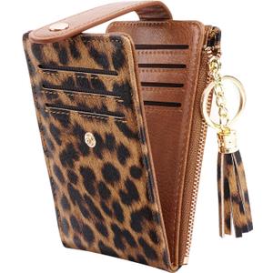 Slim Card Holder Wallet for Women RFID Blocking Leather Multi Card Bifold Wallet with Tassel Zipper Coin Pocket,Leopard