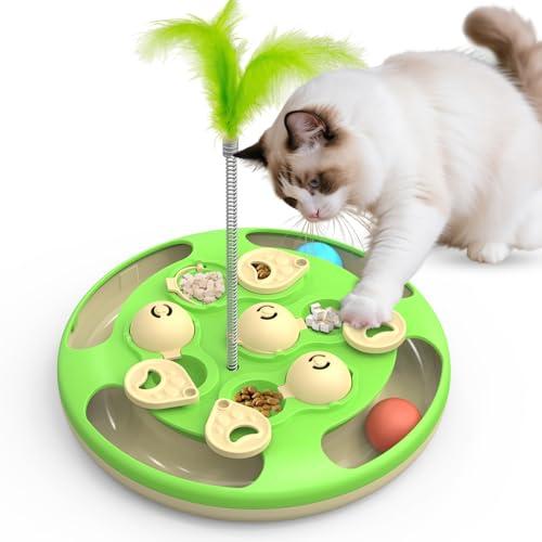 CGBD Cat Puzzle Toys Games Level 3 in 1 with Track Balls, Feather Teaser & Treat Feeder | Non-Slip Base | Mental Stimulation Enrichment for Indoor Cats | Kitty Gift, Green