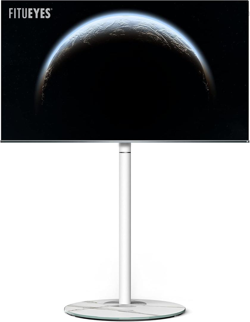 FITUEYES Design Corner TV Stand for 37"-65", Mid Century Modern White TV Stand with Marble Textured Glass Base & Concealed Storage, Metal TV Cart Decor for Living Room, TV Floor Stand Master Series