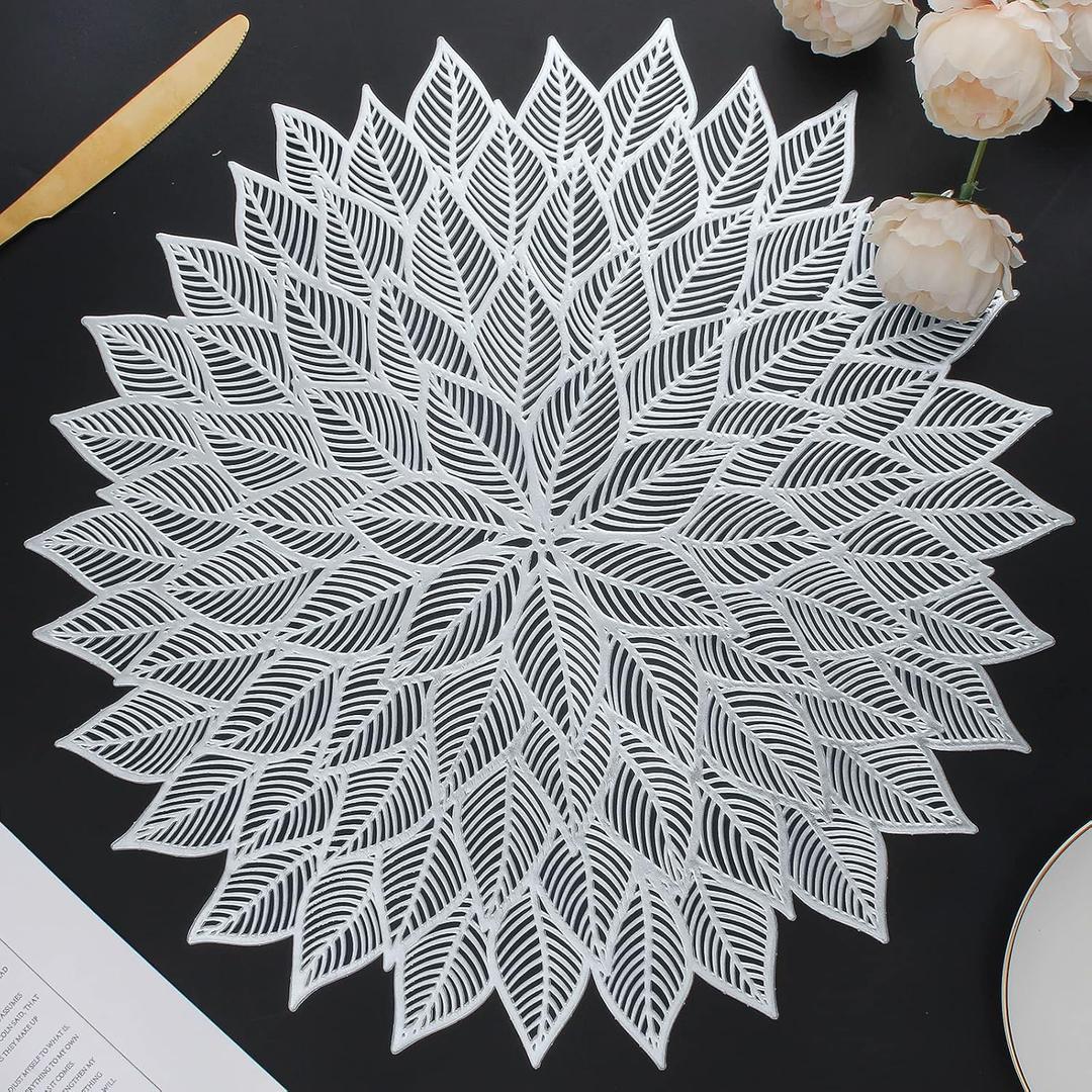 Placemats Set of 6, Round Hollow Out Flowers Place Mats for Dining Table Pressed Vinyl Blooming Leaf Table Mats for Holiday Party Wedding Accent Centerpiece Dinner Table Decoration (Silver)