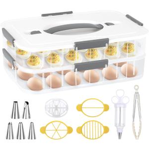 2-Layer Deviled Egg Containers with Lid, 36 Slots Refrigerator fridge organizers and storage egg cartons with Handle for Easter, with Slicer Kitchen Tongs Piping Decorating Kit