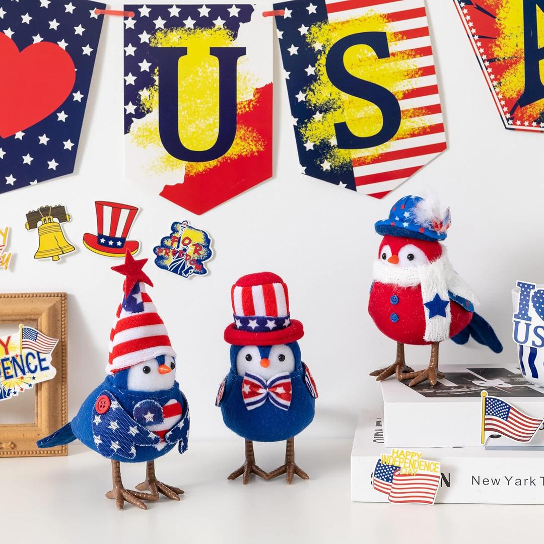 Patriotic Decorations - American Independence Day Gift: 3 Pcs Handmade USA Birds for Home Table Ornaments - Decorations for Patriotic Holidays