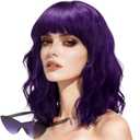 Wig and Sunglasses Set - 15 Inch Wavy Wig With Bangs - Heat Resistant Bob Wig - Short Curly Wavy Wig - Shoulder Length Wigs for Women - Bachelorette Party Costume Cosplay Wigs (Purple)