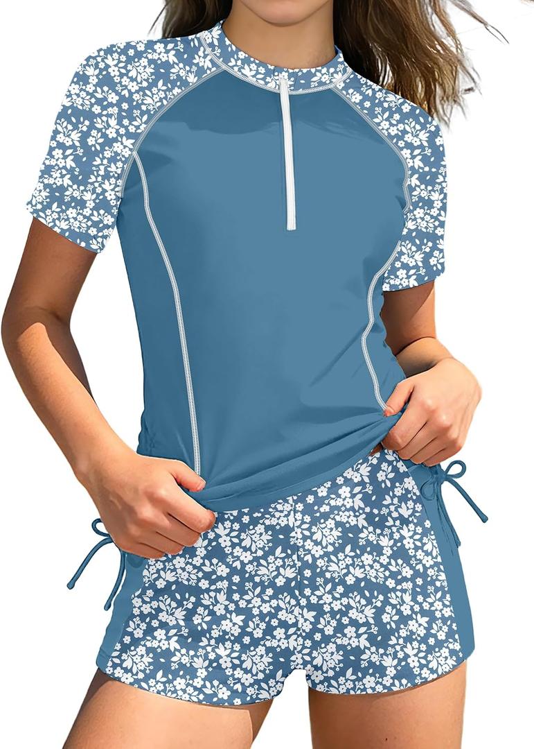 BAVADER Girls Rash Guard Swimsuit 2 Piece Short Sleeve Half Zip Bathing Suit Drawstrings UPF 50+ Swimwear Set with Boy Shorts
