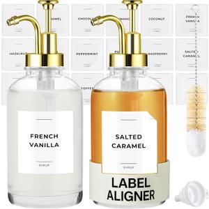 Spaceneat Coffee Syrup Dispenser with Pump - Includes 24 Flavor Labels - Glass Syrup Dispenser for Coffee Bar - Elevate your Beverage Station with 16.9 fl oz Flavoring Container Bottles, 2pcs, Gold | with Pump, for Coffee Bar