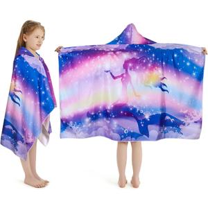 Mermaid Hooded Towel, Oversized 50" L x 30" W for Ages 3 to 12 Kids, Mermaid Theme -1Pack