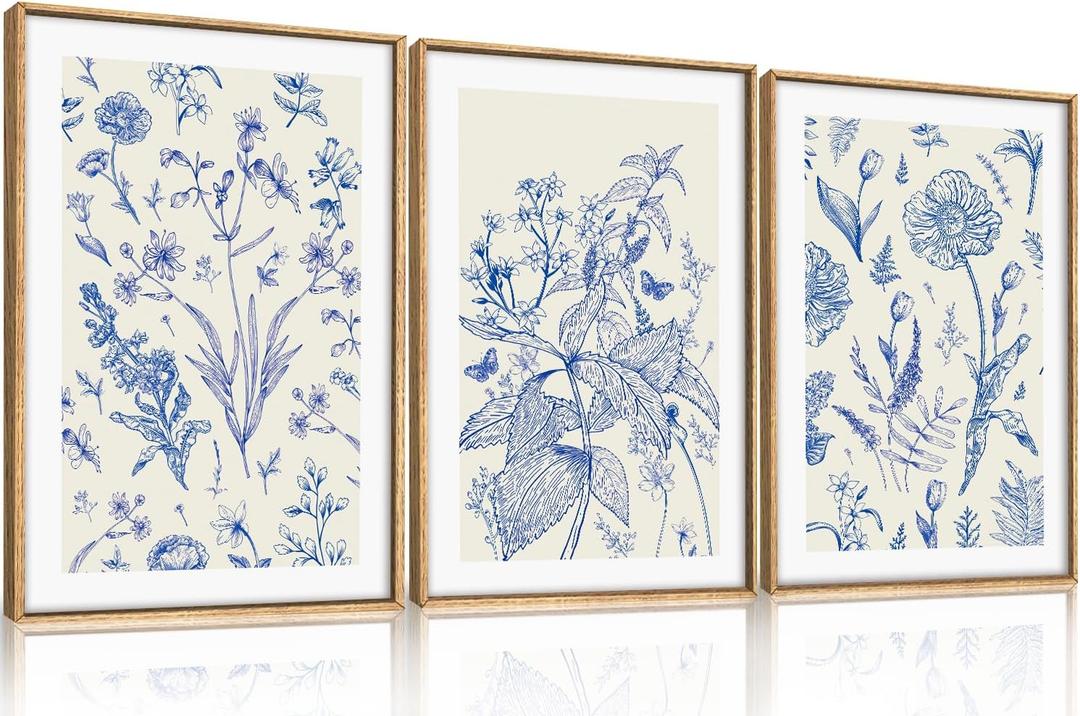 KAIRNE Blue and White Floral Wall Art Set of 3-16x24 Inch Chinoiserie Framed Canvas Art Prints, Navy Watercolor Botanical Flower Painting, Wildflower Decor for Living Room, Bedroom, Bathroom, Home