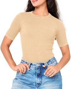 BAMBOO COOL Women's Seamless Tight T-Shirts Slim Fit Basic Ribbed Tees Short Sleeve Crew Neck Top XL 