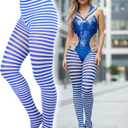 ToBeInStyle Women's Thin Horizontal Stripe Opaque Tights Pantyhose - Regular or Plus (Royalblue/White)