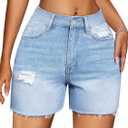 IWD Jean Shorts for Women High Waisted Stretchy Casual Denim Shorts Ripped Frayed Hem Summer Trendy Jorts (Blue), L