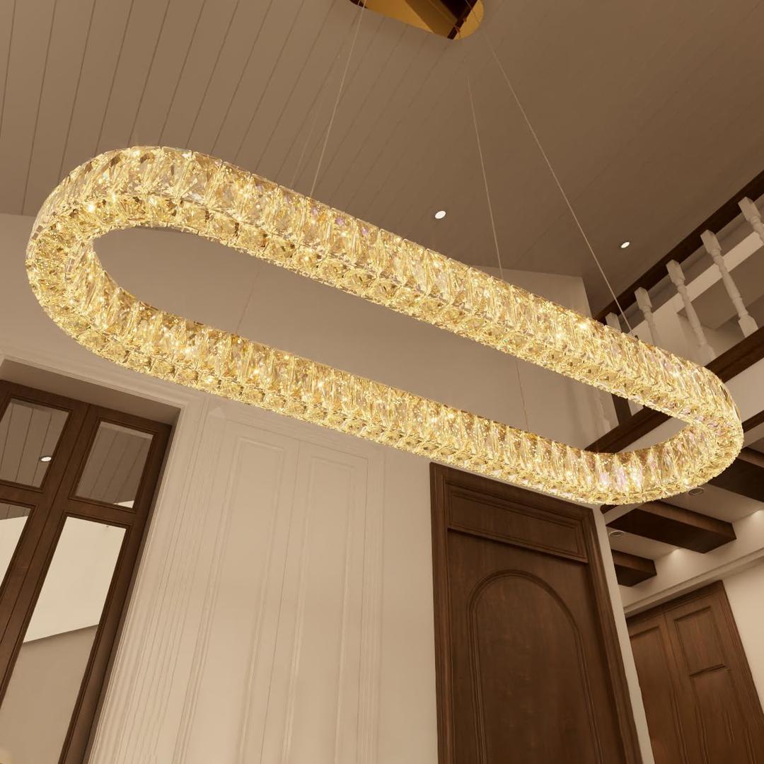 HAIXIANG Crystal 59 Inch Long Chandelier Modern Dimmable LED Chandeliers for Dining Table Pendant Lights Rectangular Glam Lighting Fixtures for Dining Room Kitchen Island Gold, Oval : L59"