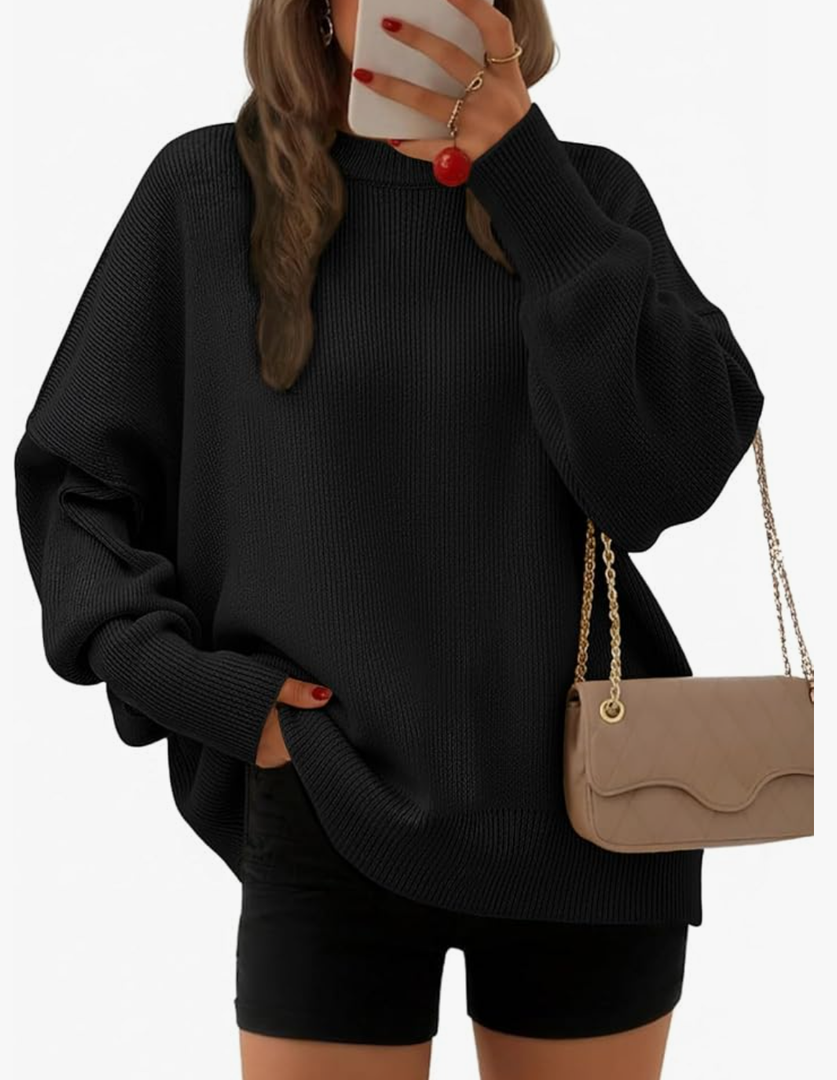 EFAN Women's Oversized Sweaters 2025 Fall Crewneck Batwing Sleeve Pullover Sweaters (S, Black)
