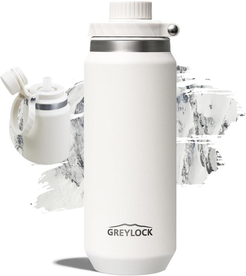 Greylock 20 oz Insulated Water Bottle with Straw Lid, Reusable Stainless Steel Sports Water Bottles with Foldable Handle, Leak Proof, Double-Wall Vacuum Insulation, 24 Hours Cold (White)