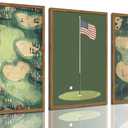 Vintage Golf Wall Art Set of 3, Mid Century Sports Wall Decor Paintings, Retro Green Golf Course Landscape Canvas Prints Artwork Picture for Bedroom Living Room Man Cave 12x16 inch Framed