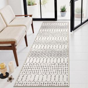 Lahome Moroccan Washable 2x6 Runner Rug, Non-Slip Beige Kitchen Hallway Runner Rug, Ultra Soft Geometric Print Distressed Floor Carpet for Hallways Entryway Bedroom Laundry