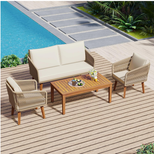 Generic Modern 2-Piece Chair with  Rope Patio Furniture Set, Outdoor Furniture with Acacia Wood Cool Bar Table with Ice Bucket, Deep Seat Patio Conversation Set with Two Stools for Backyard Porch Balcony (Black & Beige)