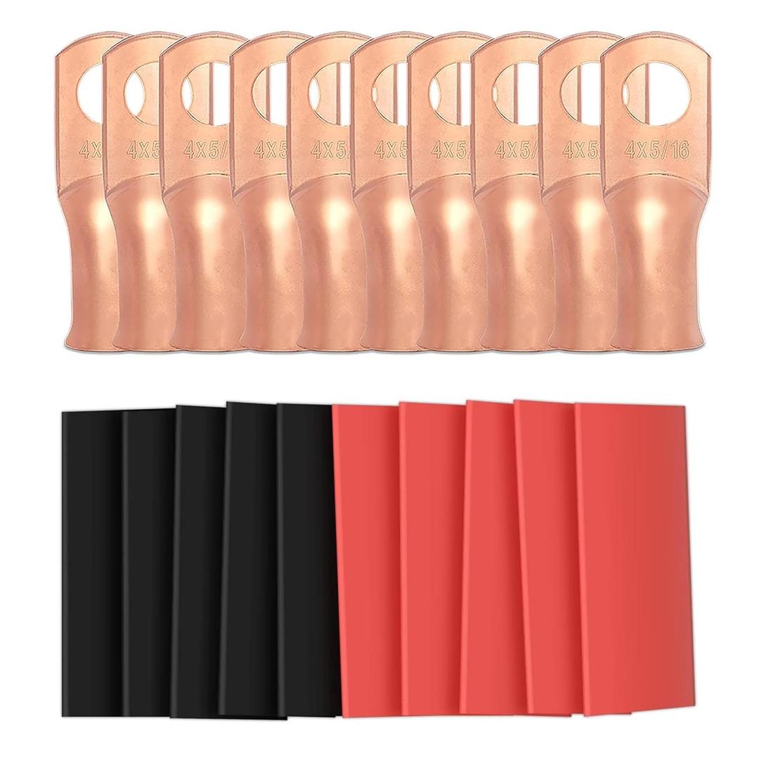 10pcs 4 Awg - 5/16" (M8) Sanuke Wire Lugs Ring Terminal Connectors Ends, Heavy Duty Wire Connectors Heavy Duty for Battery Cable Lug Wire Electrical Eyelets with 3:1 Dual Wall Adhesive Heat Shrink (Bare Copper)
