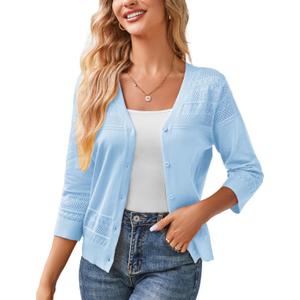 GRACE KARIN Women's 2025 Cropped Cardigan 3/4 Sleeve Lightweight Crochet Shrug Hollowed-Out Knit Sweater Tops (Blue, S)
