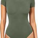Women's Double-Lined Round Neck Short Sleeve Bodysuit Stretchy T-Shirt Body Suits Basic Tops for 2026 Summer Wear (Green)