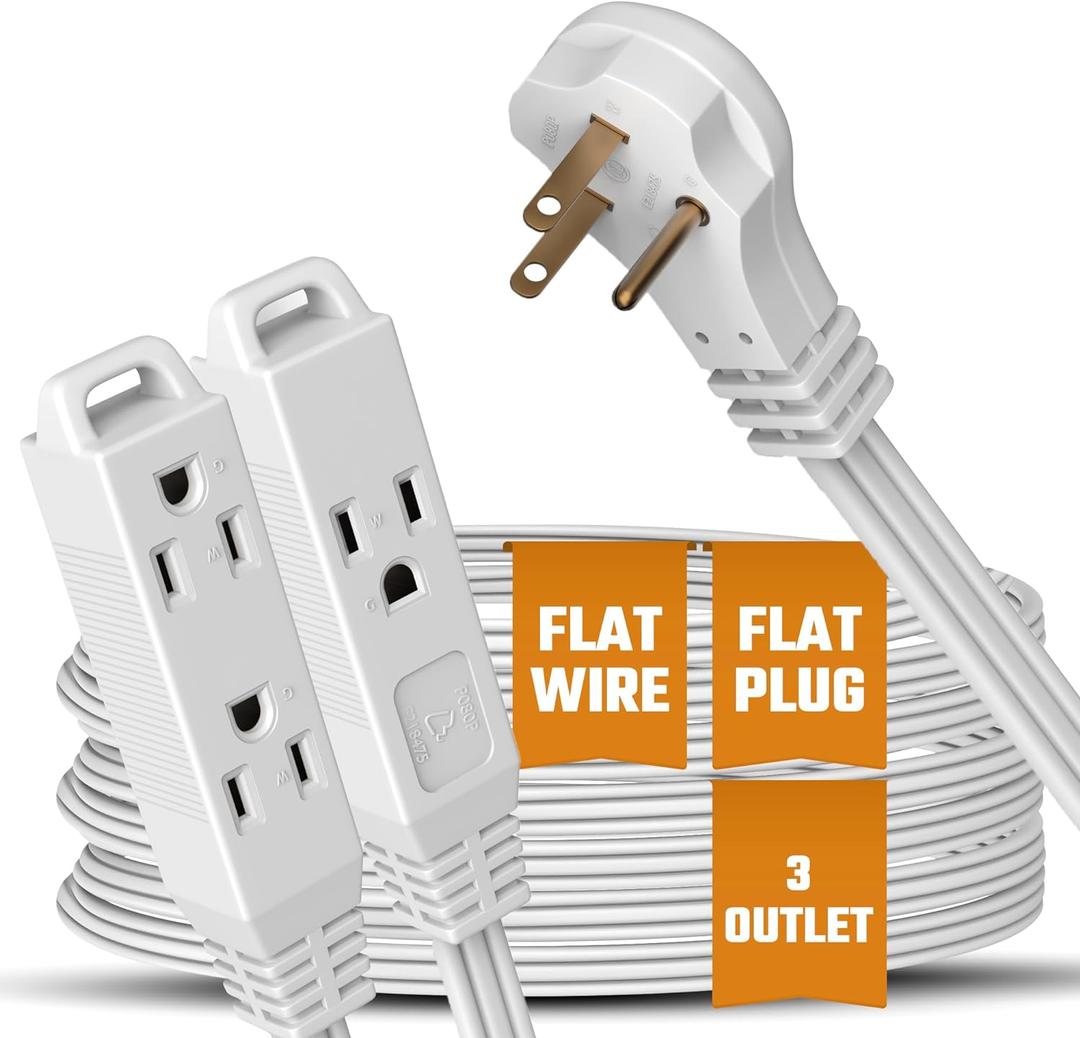 White Extension Cord 10+ Ft 3-Prong 3-Outlet Extension Wire- Space-Saving Flat Angled for Indoor Use by Bindmaster- UL-Listed