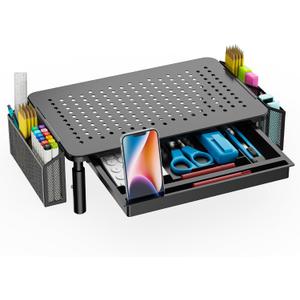 WALI Desk File Organizer, 2 Tier Desktop Paper Letter Tray Organizer with Drawer and Pen Holders, Office Desk Accessories, Laptop Riser for Computer, Laptop, Printer (STT003DH-B), 1 Pack, Black