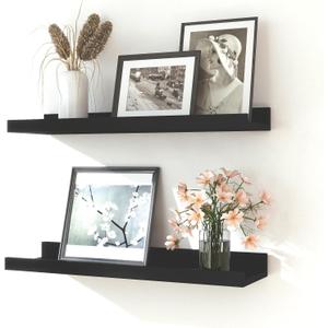 Black Floating Shelves for Wall Decor, Wall Mounted Wood Storage Shelf for Bedroom, Living Room, Bathroom, Kitchen, Nursery, Display Picture Ledge Shelf with Lip Set of 2-16 Inches, Black (15.8in)