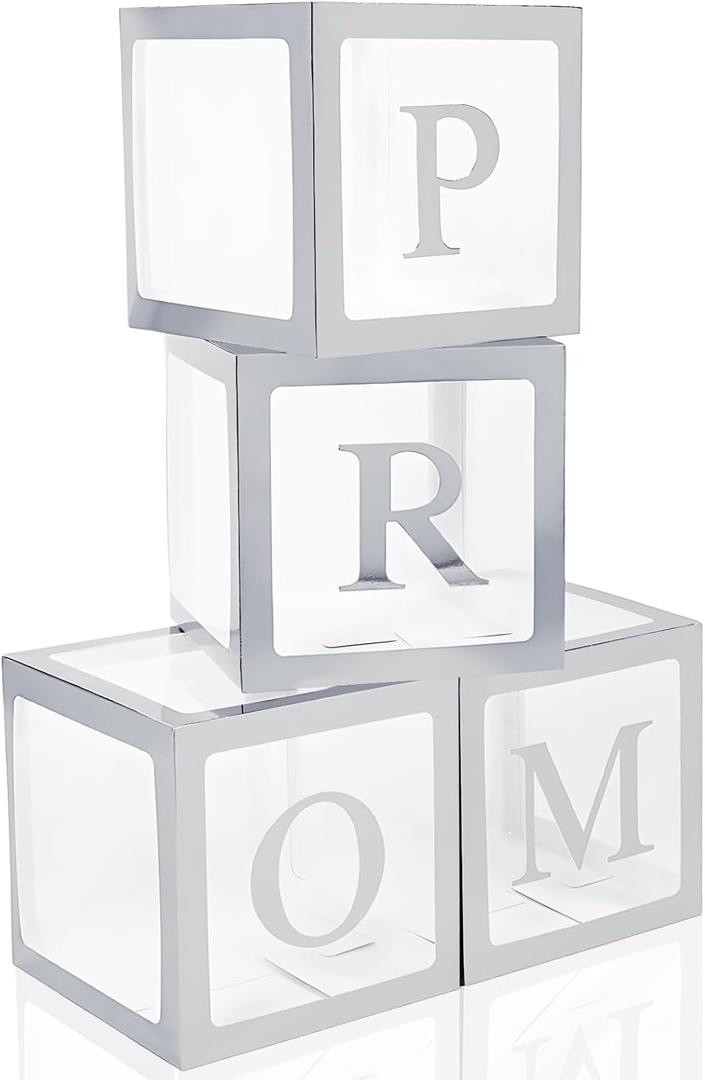 4 Pcs Prom Boxes with Letters 11.8 x 11.8 x 11.8 Inch Clear Balloon Boxes Transparent High School College Graduation Party Favors Supplies(Prom,Silver)