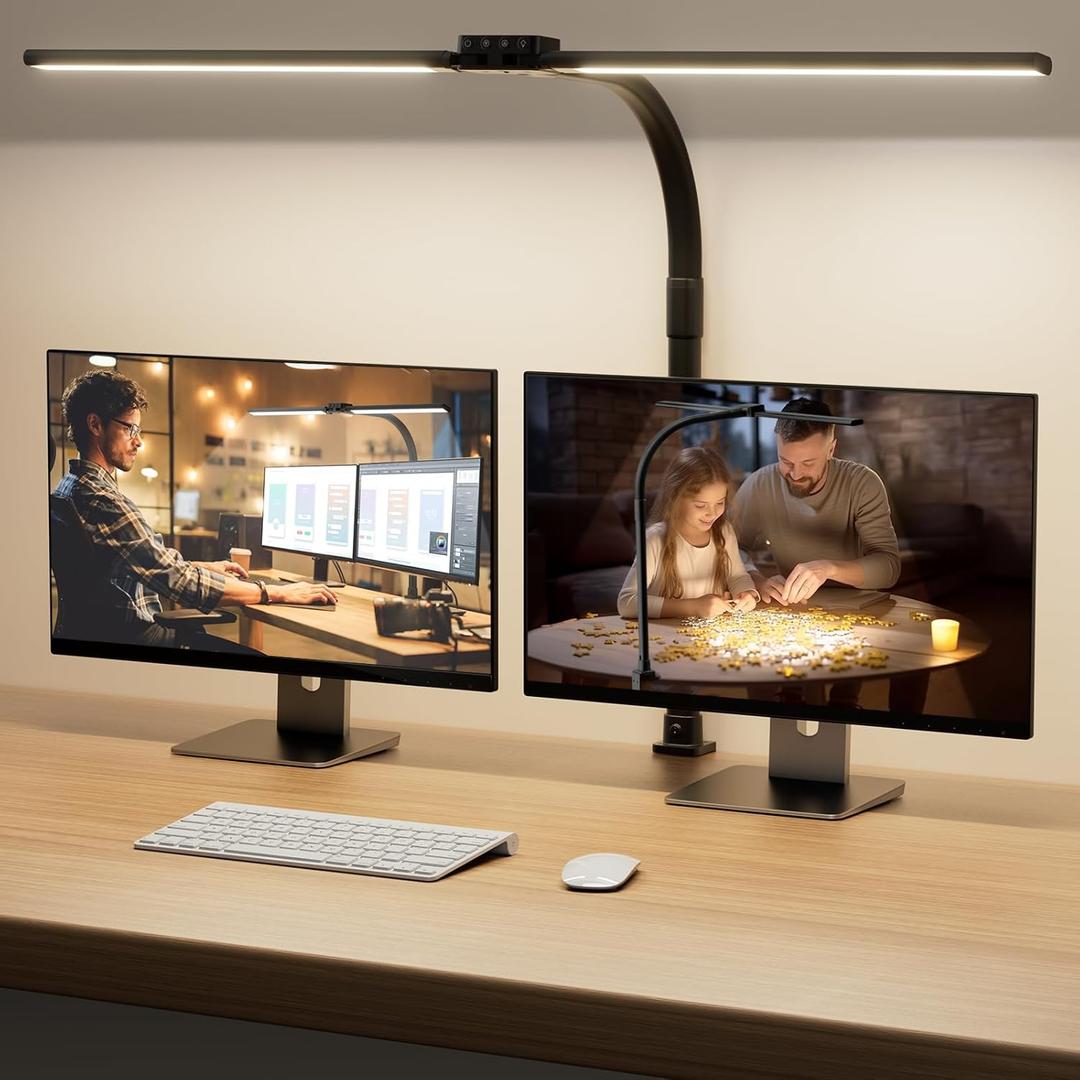 SIBRILLE LED Desk Lamp for Home Office  Dimmable Computer Desk Light with Clamp, Modern Architect Task Lamp with Color Changing, Flexible Desktop Lamp with Gooseneck for Monitor, Double Head, Black