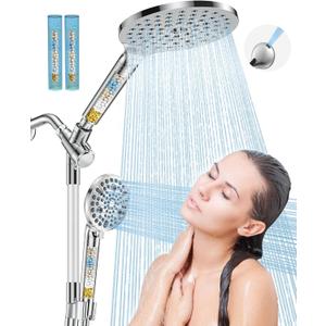 Dual Filtered Handheld Shower Heads Combo, HOPOPRO 15-Mode High Pressure Rainfall Showerheads Combo Set with Filter, for Hard Water, Removes Chlorine, Improves Skin Hair Condition, Modern Chrome