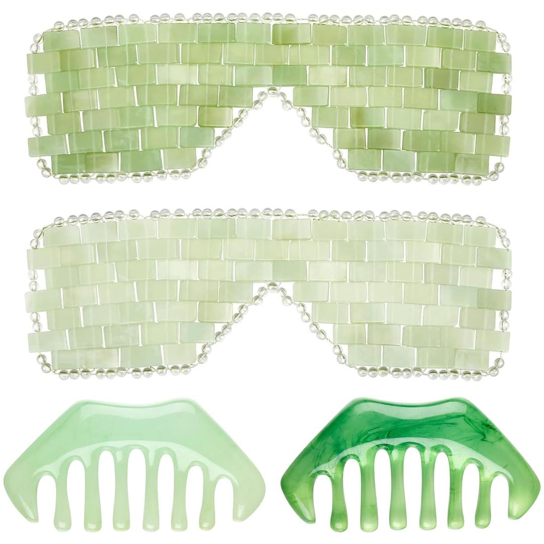 Hercicy 4 Pcs Jade Eye Mask and Hair Comb Set Green Jade Stone Eye Mask White Facial Cooling Set Guasha Scalp Comb Facial Massage Tool for Relax Alleviate Puffiness Esthetician Supplies (Fresh Color)