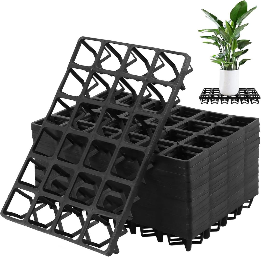 SINJEUN 12 Pack Square Nursery Pot Tray with 24 Holes, Black Plastic Nursery Trays for Carrying Small Plant Pots