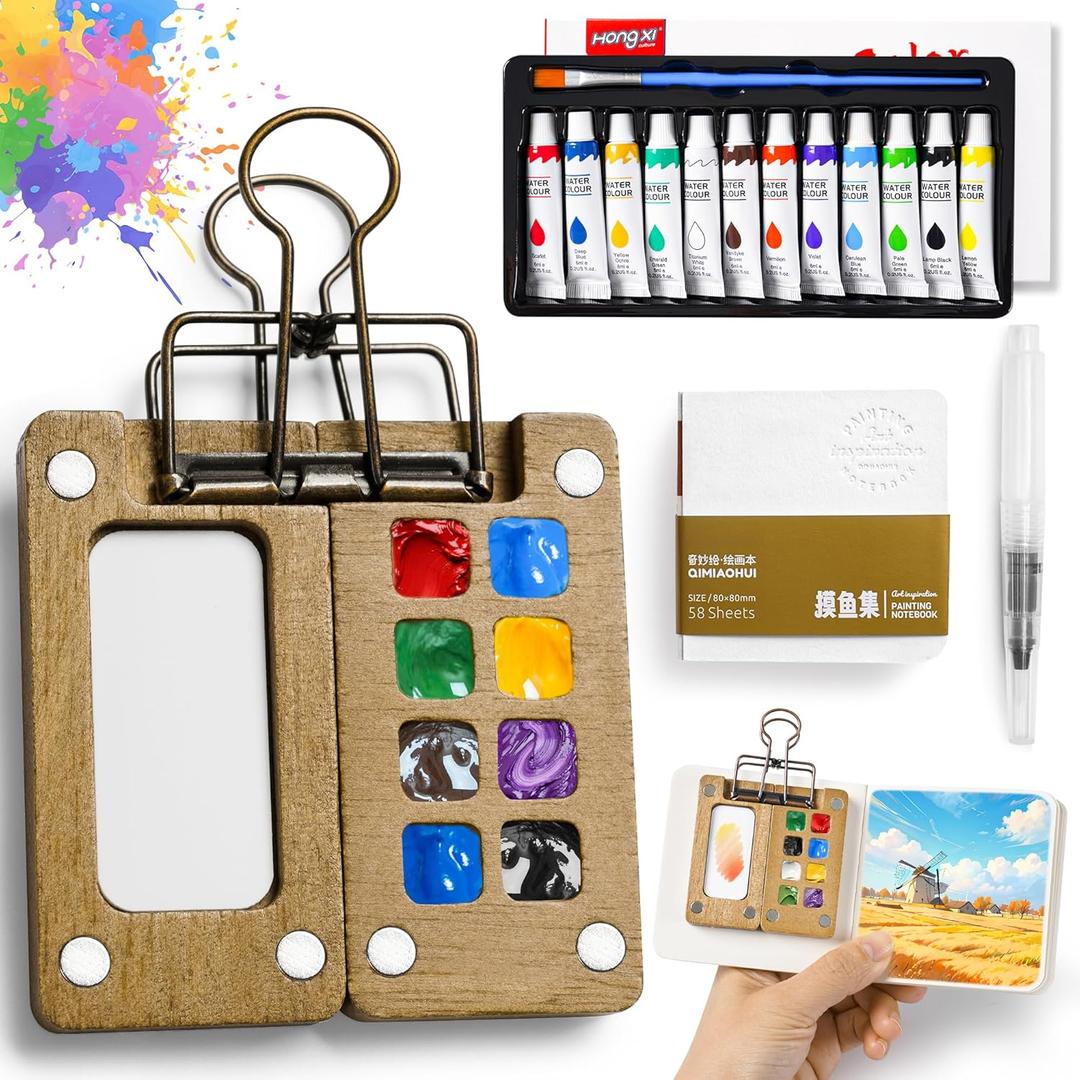 2 x Mini Watercolor Paint set, Portable Watercolor Paint Travel Set, 12 Color Pocket Artist Watercolor Travel Kit with Picture Book, 8 Grids Portable Wooden Paint Palette for Painters, Artists, and Students